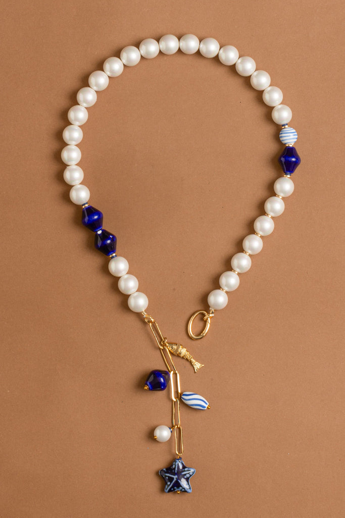 Pearl Lapis Charm Necklace - Nakamol