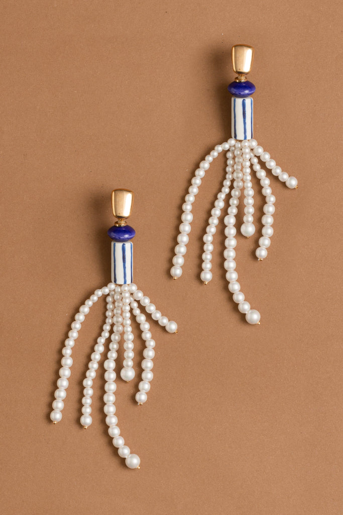 White Pearl Fringe  Earrings - Nakamol