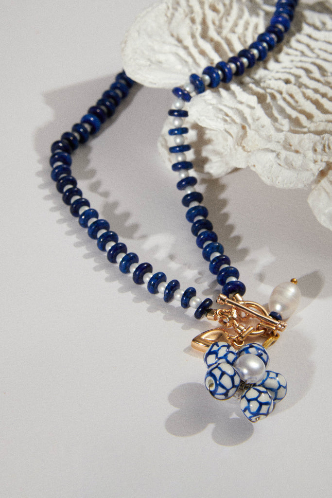 Blue White Floral Strand Blue Bead Necklace - Nakamol