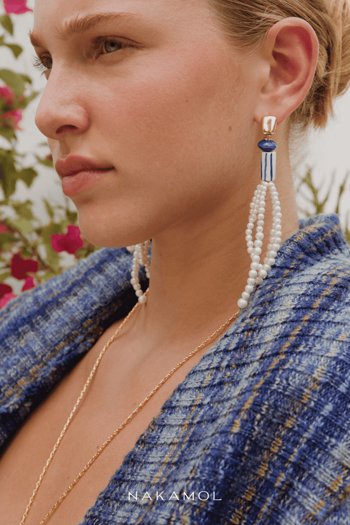 White Pearl Fringe  Earrings - Nakamol