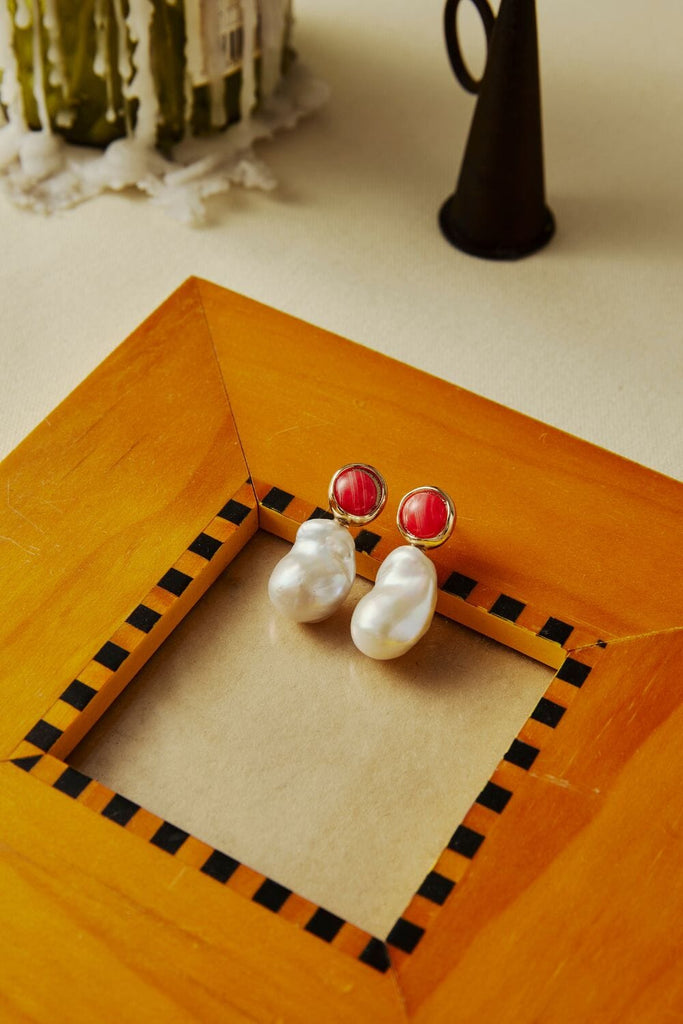 White Baroque Pearl Orange Stud Earrings - Nakamol