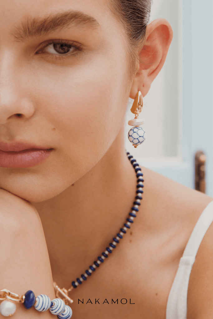 Blue White Honeycomb Drop Earrings - Nakamol