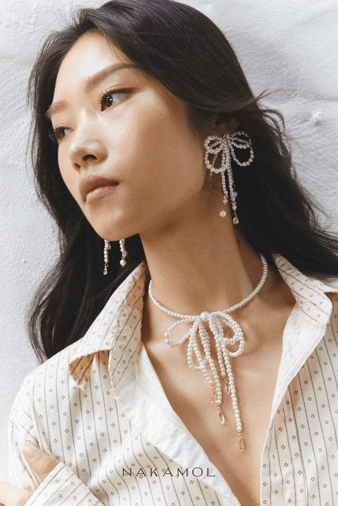 Freshwater White Pearl Bow Necklace & Earring - Nakamol