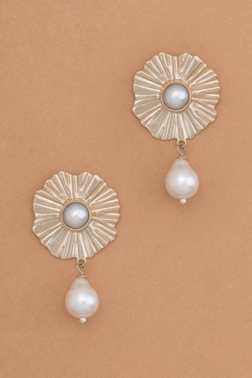 Golden Starburst White Pearl Earrings - Nakamol