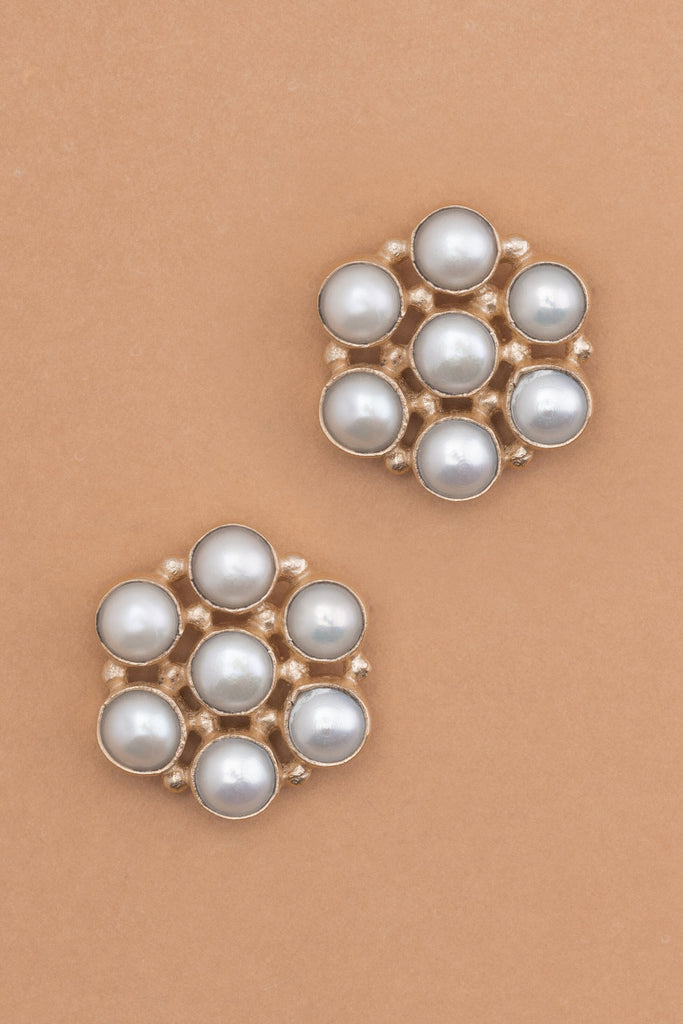 White Pearl Gold Floral Earrings - Nakamol