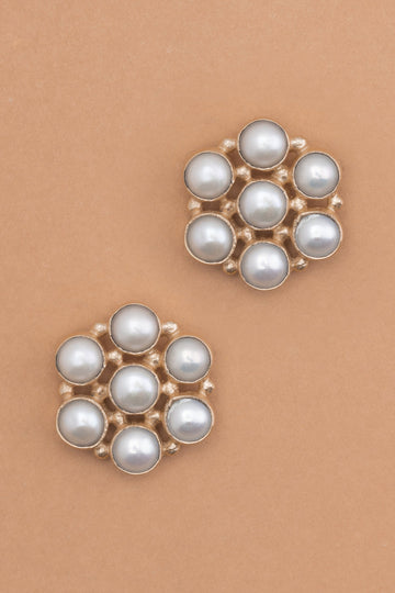 White Pearl Gold Floral Earrings - Nakamol