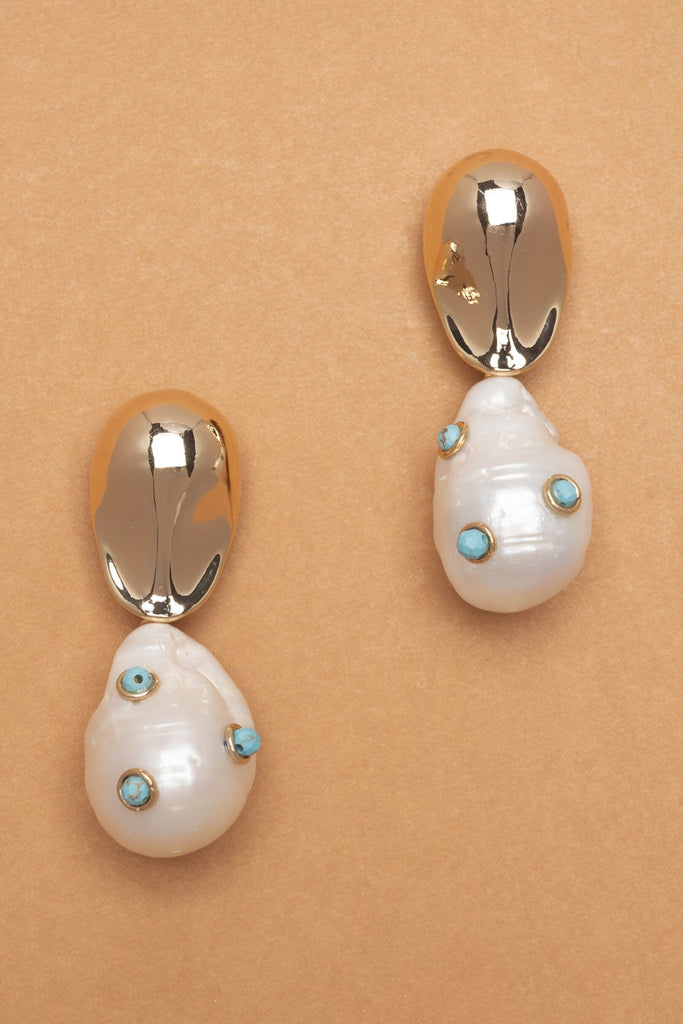 Baroque Pearl Turquoise Embed Drop Earrings - Nakamol