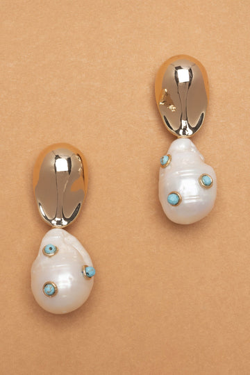 Baroque Pearl Turquoise Embed Drop Earrings - Nakamol