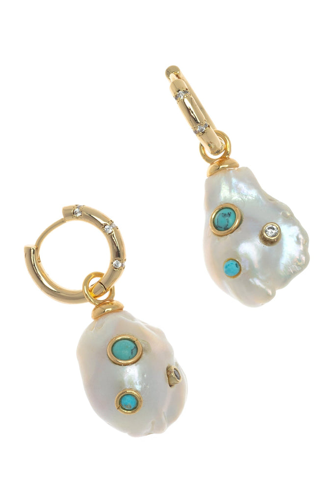 Baroque Pearl Turquoise Embed Huggie Earrings - Nakamol