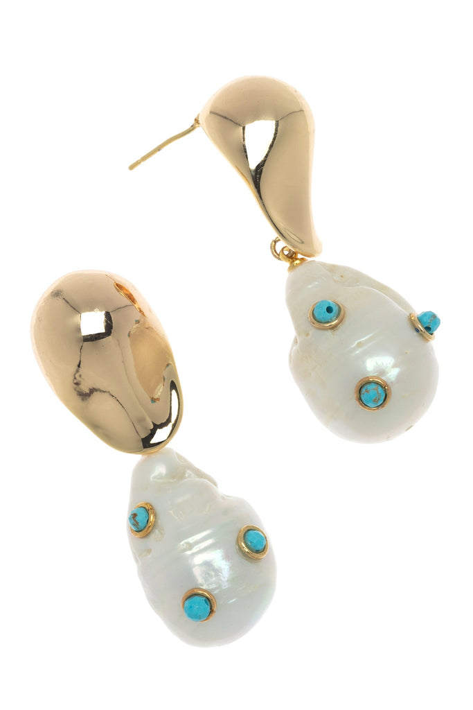 Baroque Pearl Turquoise Embed Drop Earrings - Nakamol
