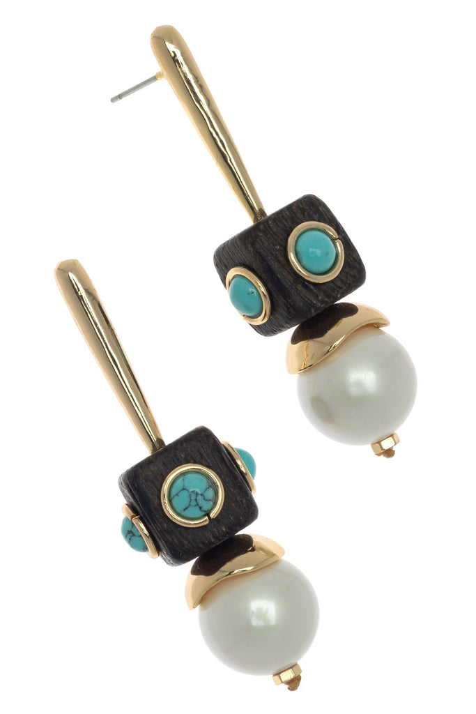 Geometrical Turquoise Pearl Drop Earrings - Nakamol
