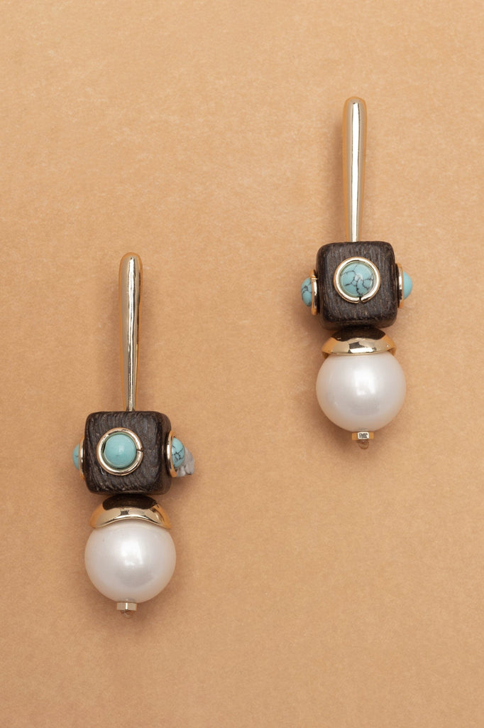 Geometrical Turquoise Pearl Drop Earrings - Nakamol
