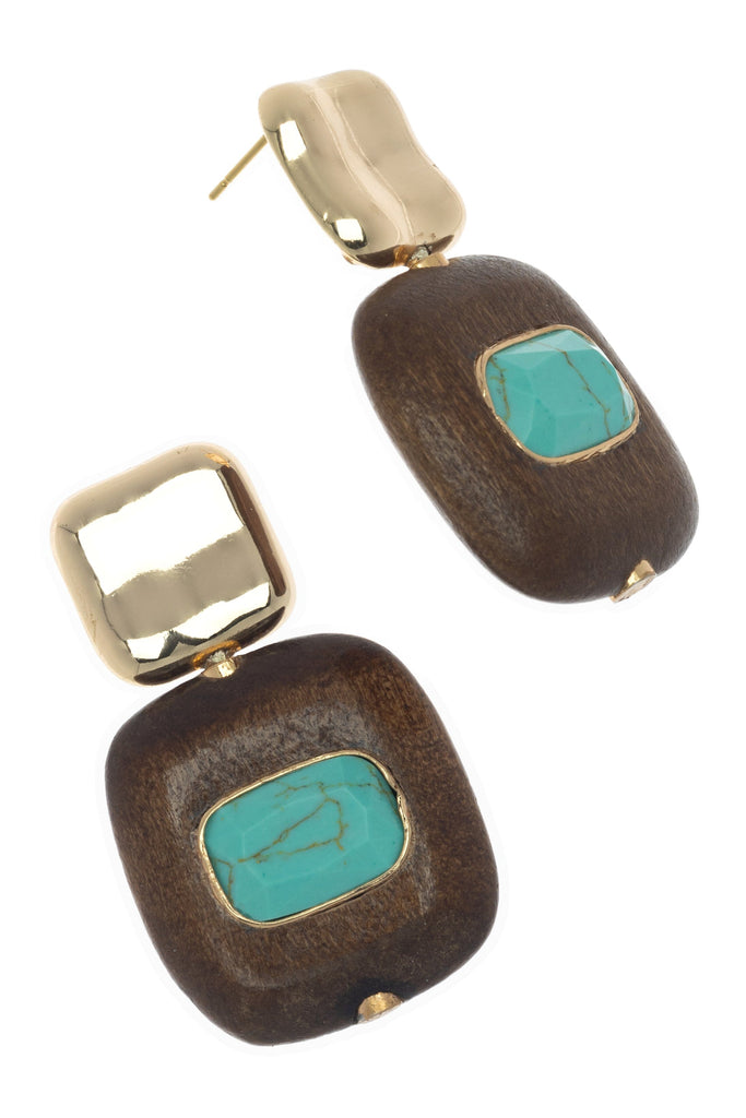 Flat Square Brown Turquoise Gold Earrings - Nakamol