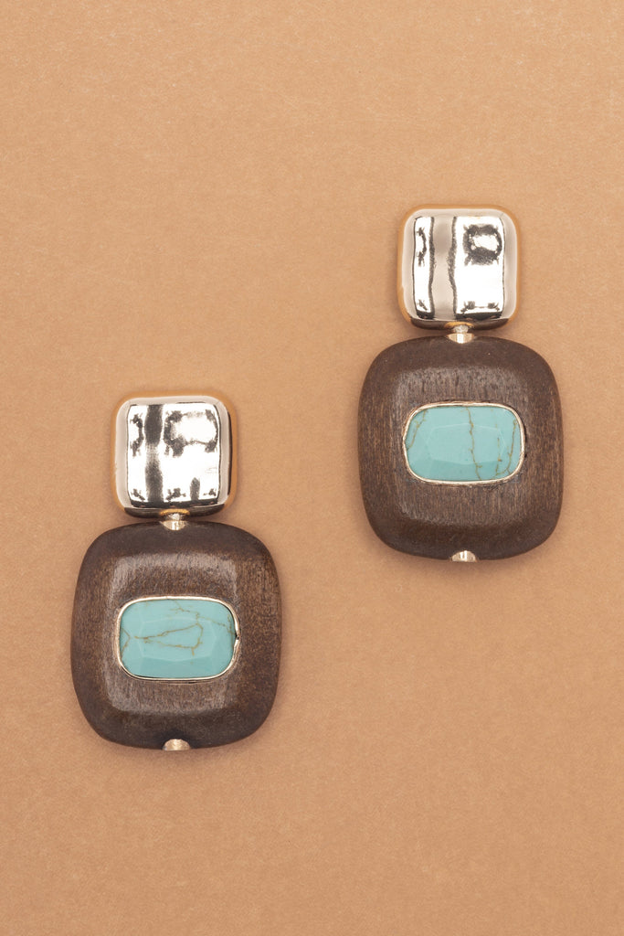 Flat Square Brown Turquoise Gold Earrings - Nakamol