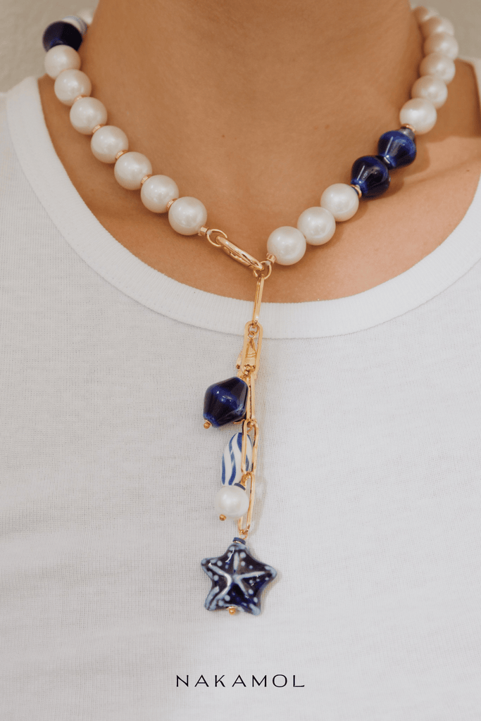 Pearl Lapis Charm Necklace - Nakamol