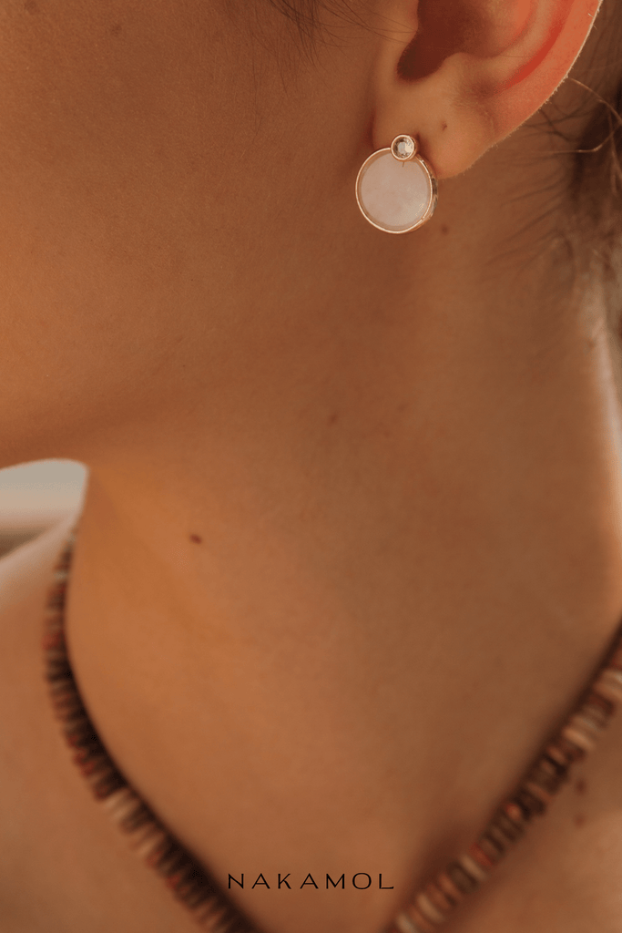 Gold Bezel Rose Quartz Stud Earrings - Nakamol