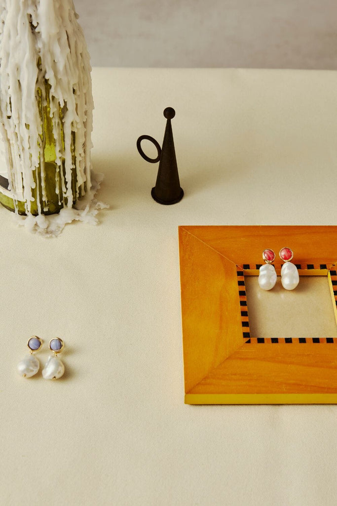 White Baroque Pearl Orange Stud Earrings - Nakamol