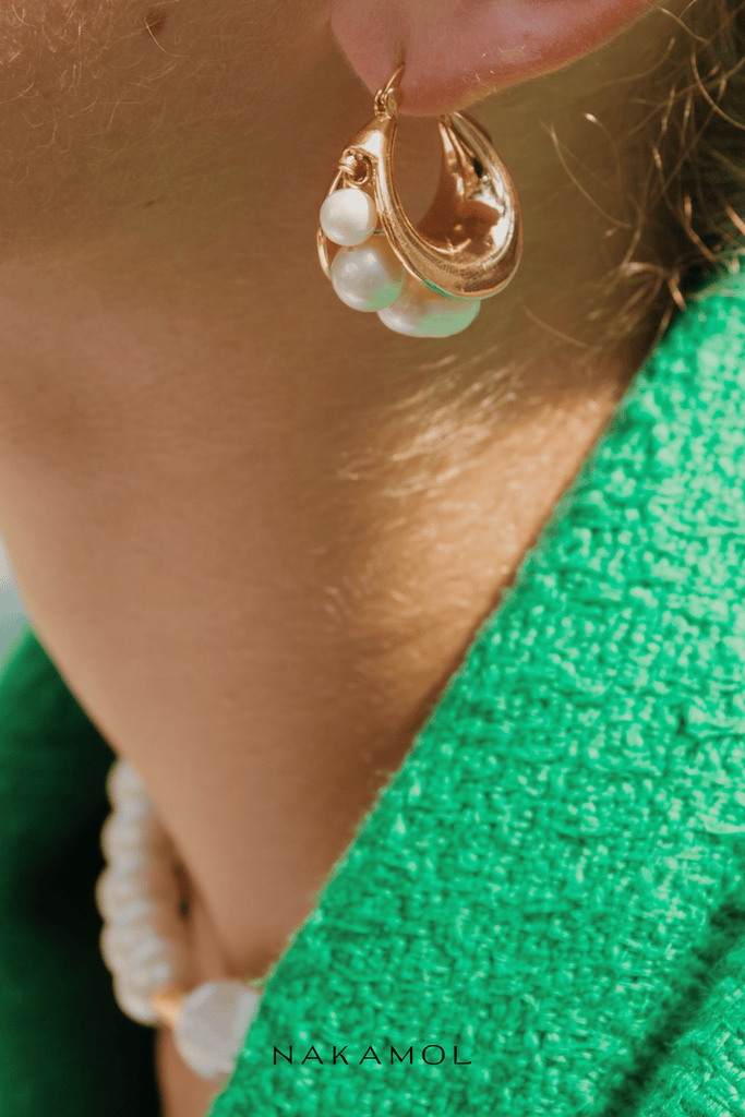 White Pearl Bead Chunky Huggie Earrings - Nakamol