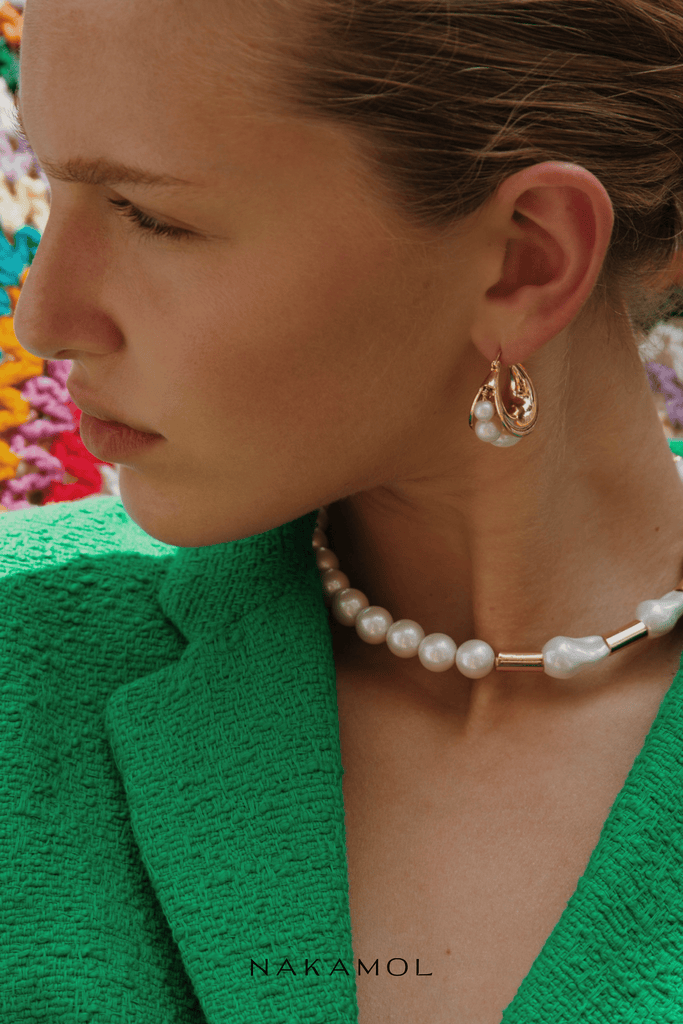 White Pearl Bead Chunky Huggie Earrings - Nakamol