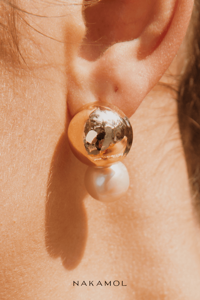 White Pearl Gold Drop Stud Earrings - Nakamol