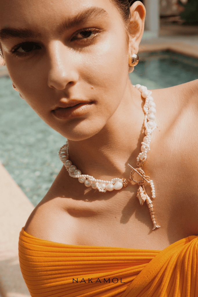 White Pearl Gold Drop Stud Earrings - Nakamol