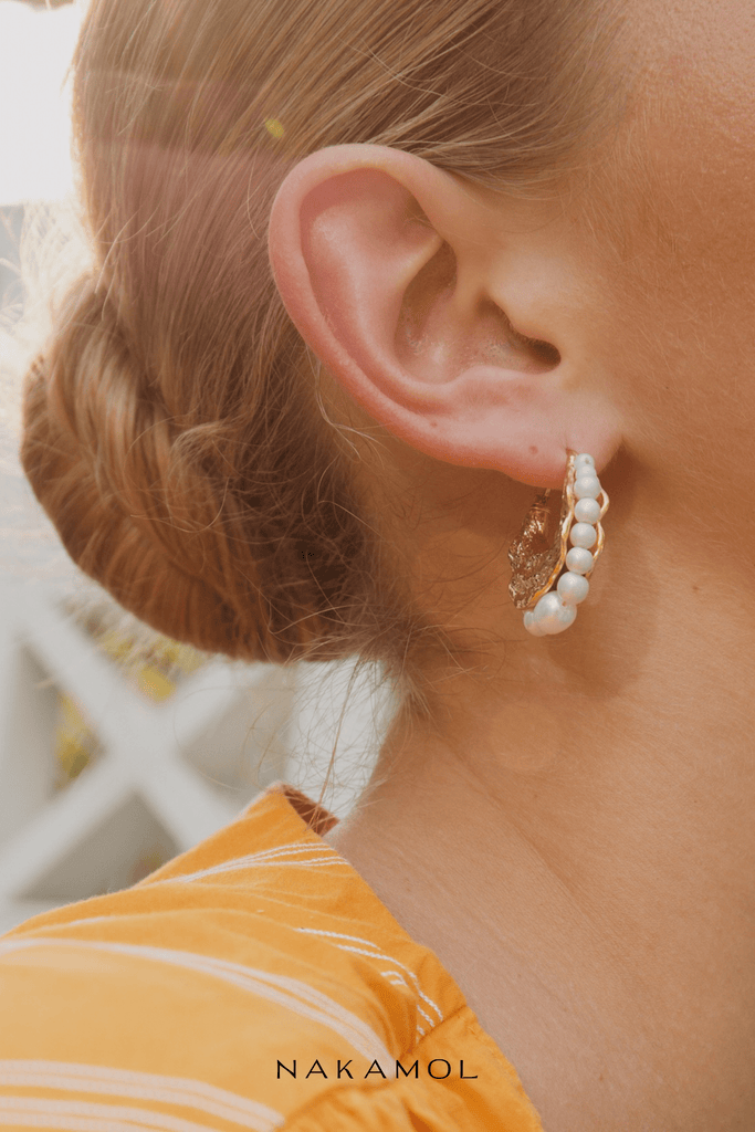 White Pearl Brushed Metal Earrings - Nakamol