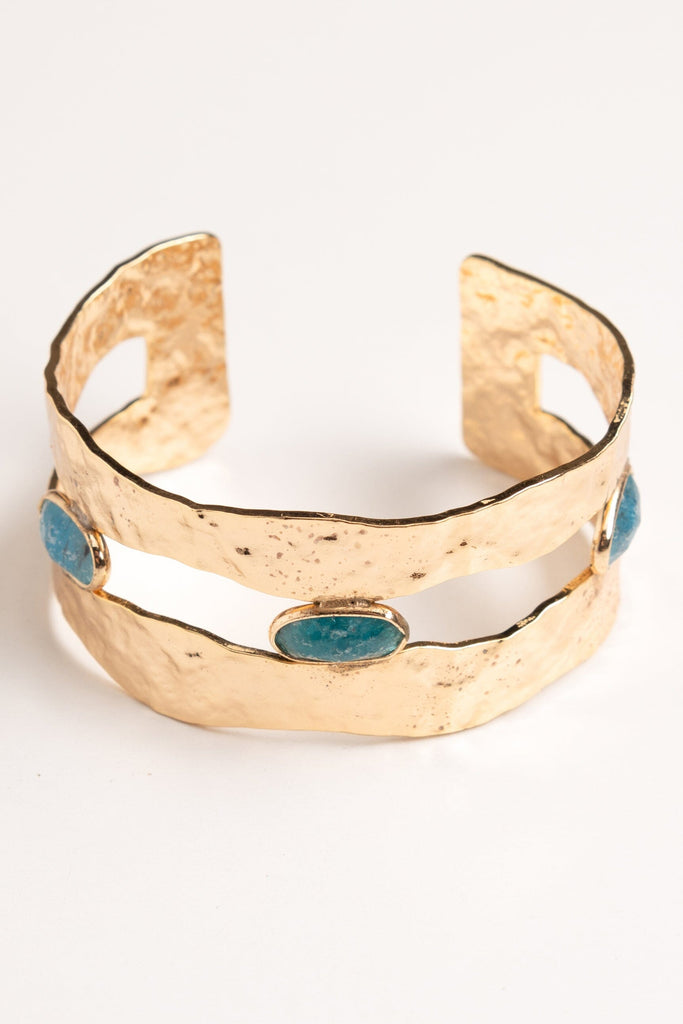 Blue Sapphire Stud Hammered Gold Cuff - Nakamol