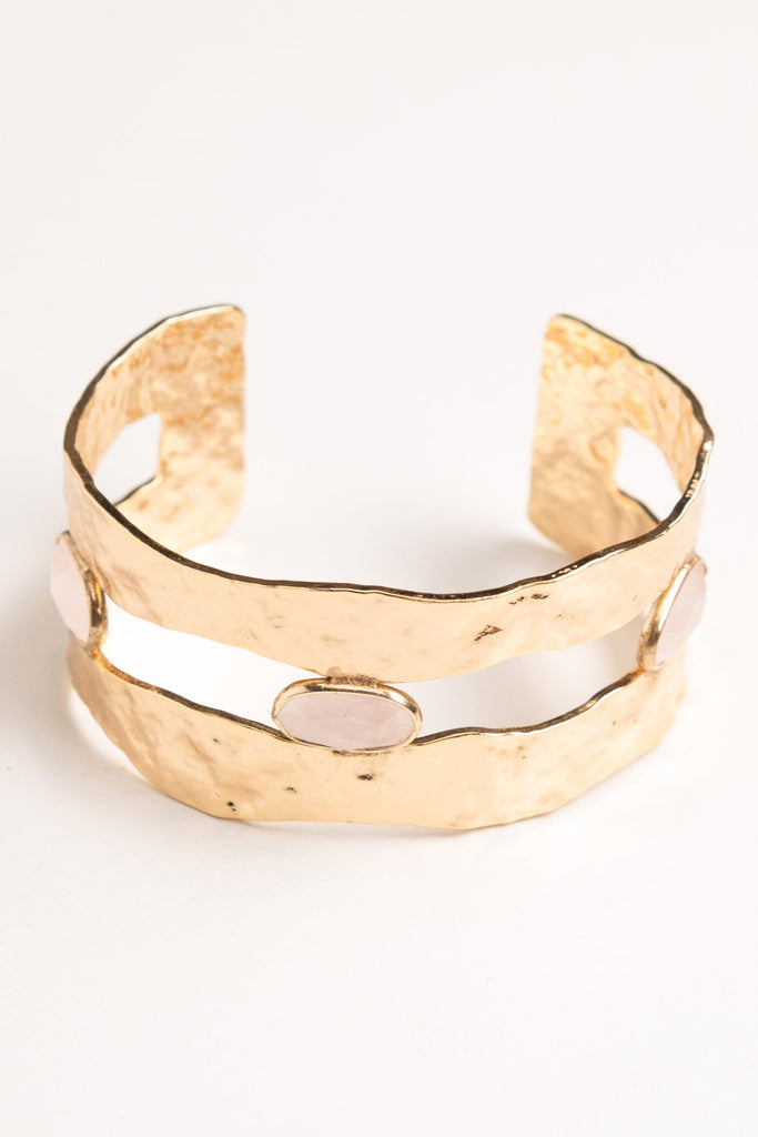 Rose Quartz Stud Hammered Gold Cuff - Nakamol