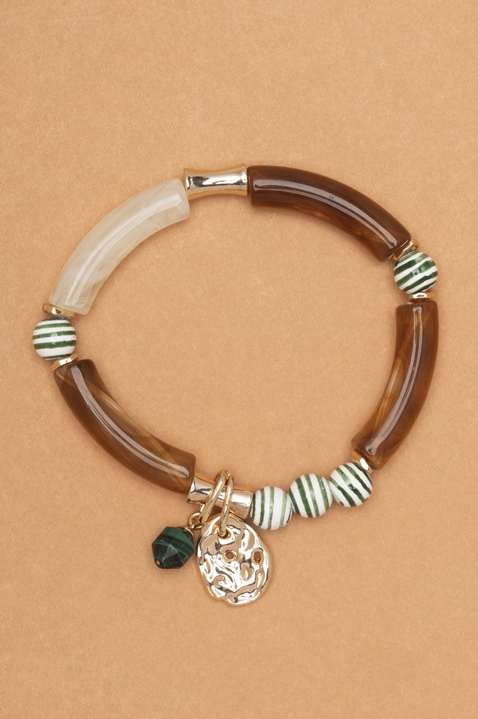 CHOCOLATE BROWN ELONGATED BEAD STRETCHY BRACELET - Nakamol