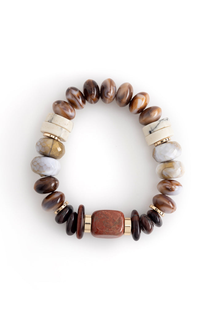 Brown White Beaded Stretchy Bracelet - Nakamol