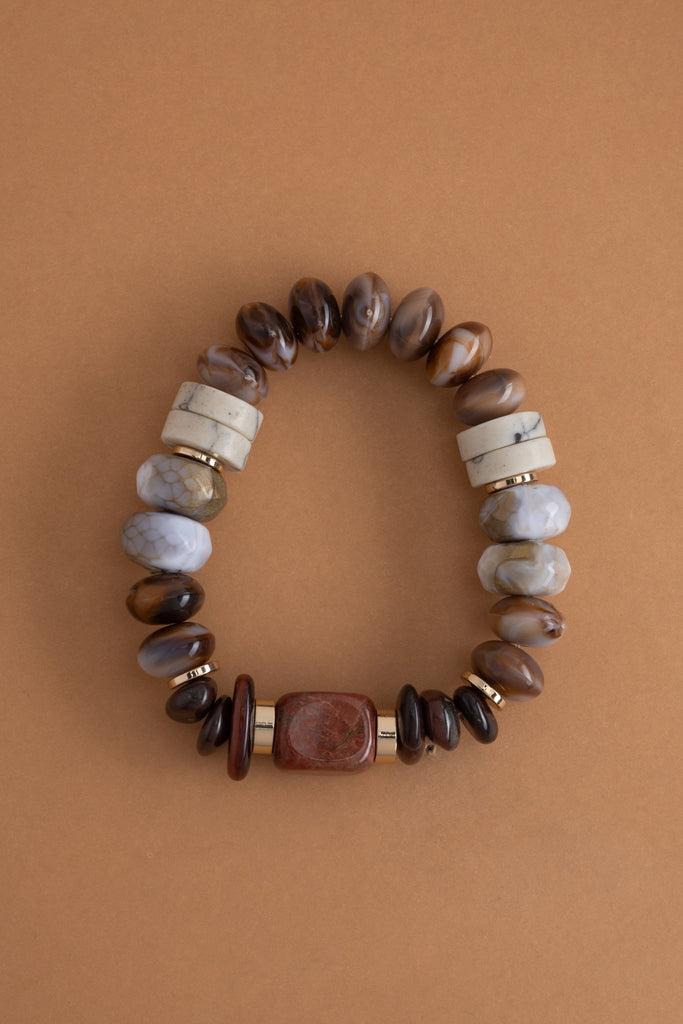 Brown White Beaded Stretchy Bracelet - Nakamol