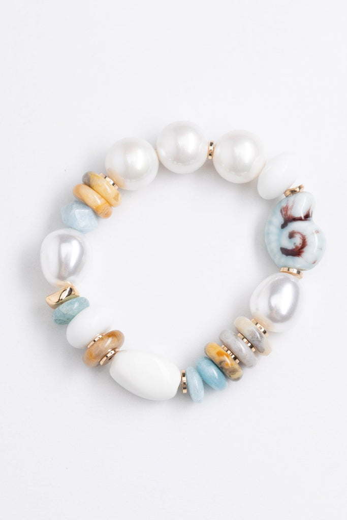 White Pearl Blue Mix Stretchy Bracelet - Nakamol
