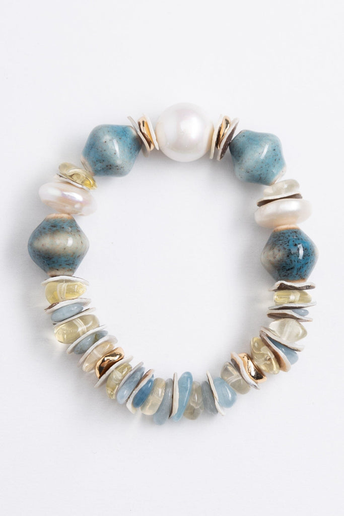 Teal White Beaded Stretchy Bracelet - Nakamol