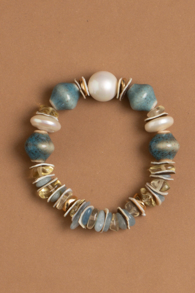 Teal White Beaded Stretchy Bracelet - Nakamol