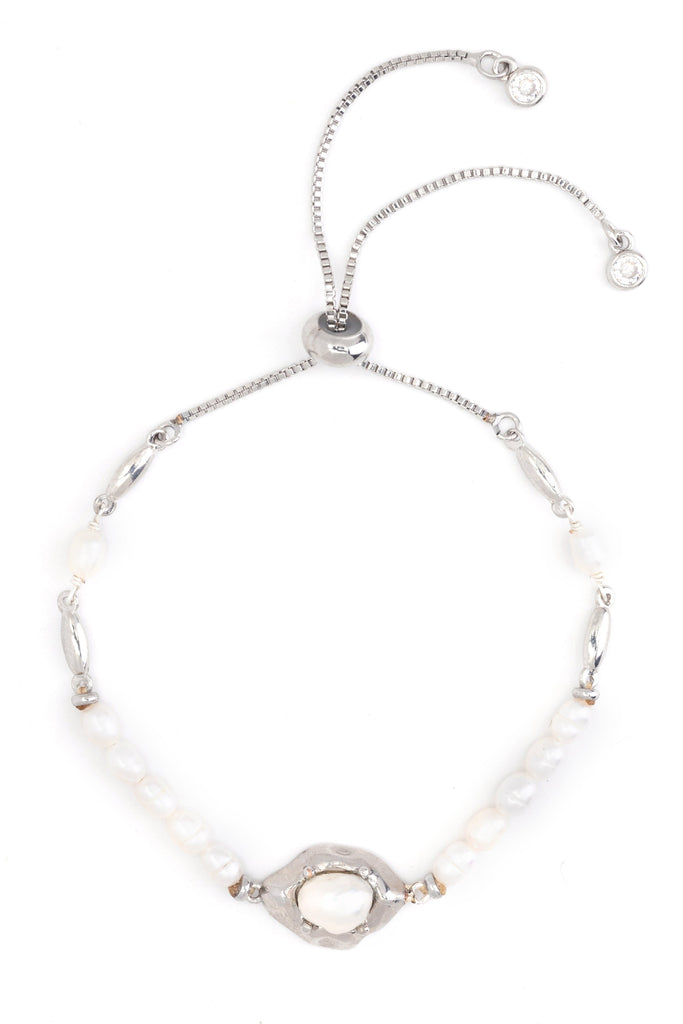 White Pearl Rhodium Pull Ball Bracelet - Nakamol