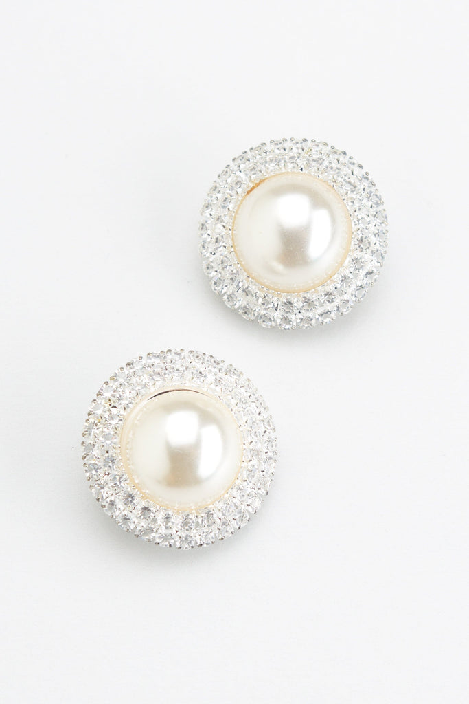 White Pearl Round Rhinestone Earrings - Nakamol
