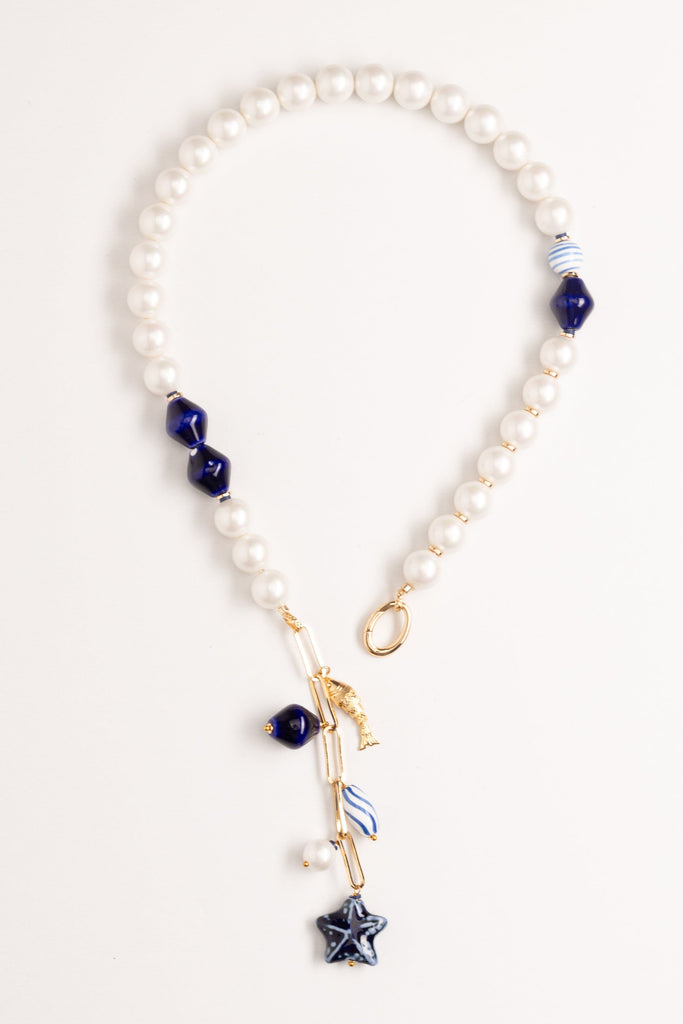 Pearl Lapis Charm Necklace - Nakamol