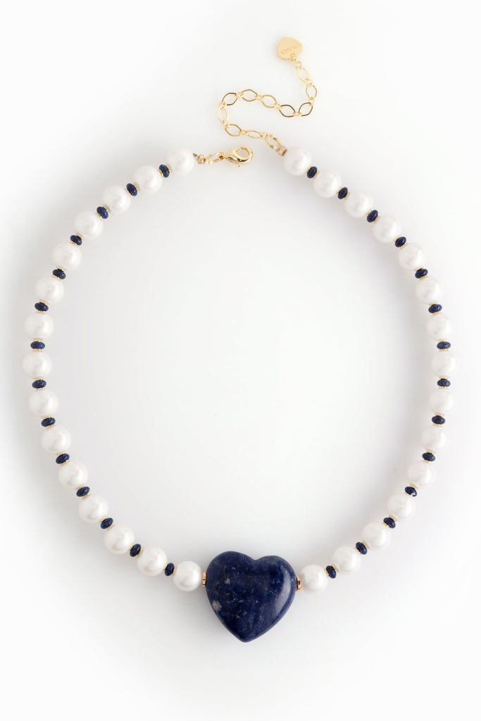 Lapis Heart White Beaded Necklace - Nakamol
