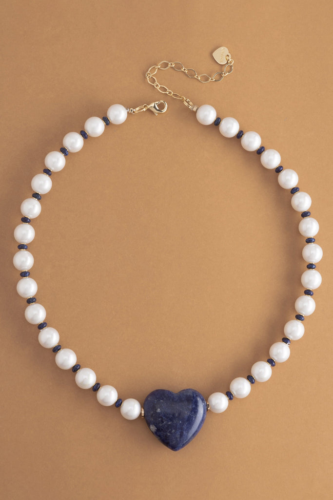 Lapis Heart White Beaded Necklace - Nakamol