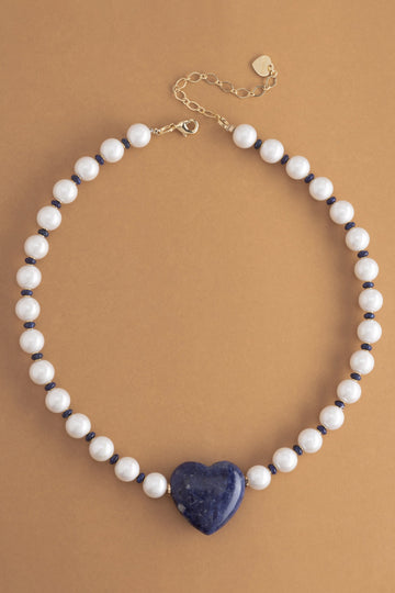 Lapis Heart White Beaded Necklace - Nakamol