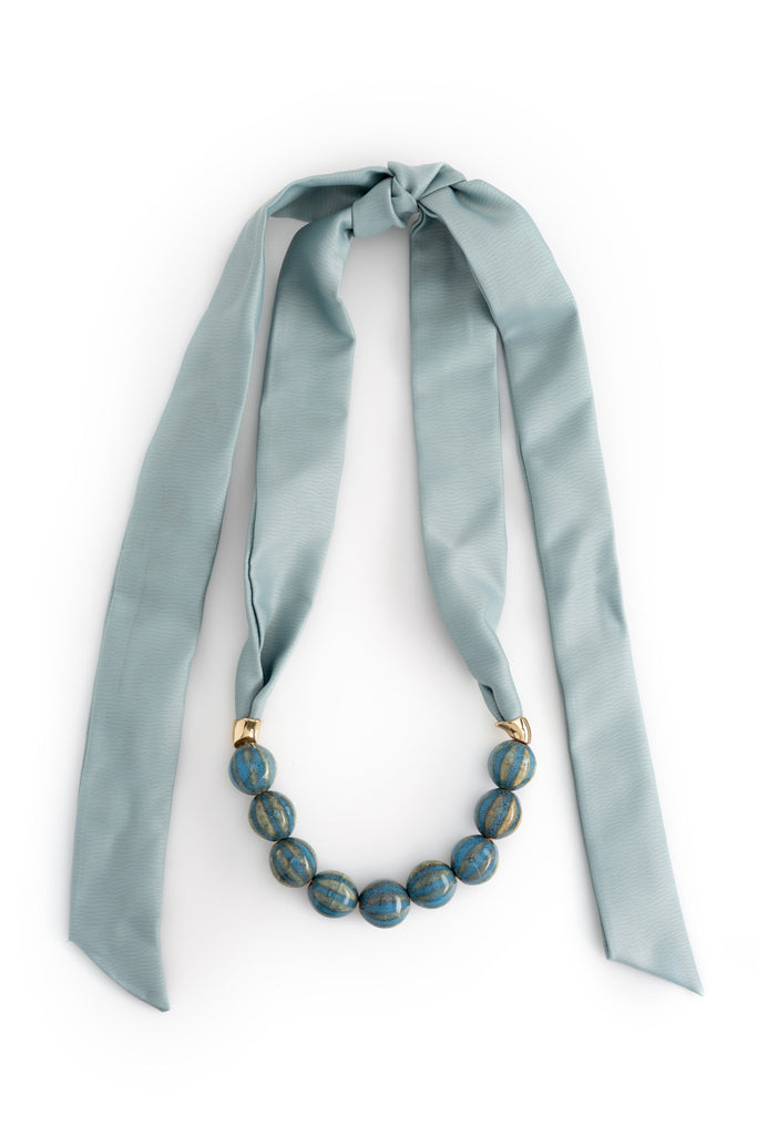 Ash Blue Bead Ribbon Necklace - Nakamol