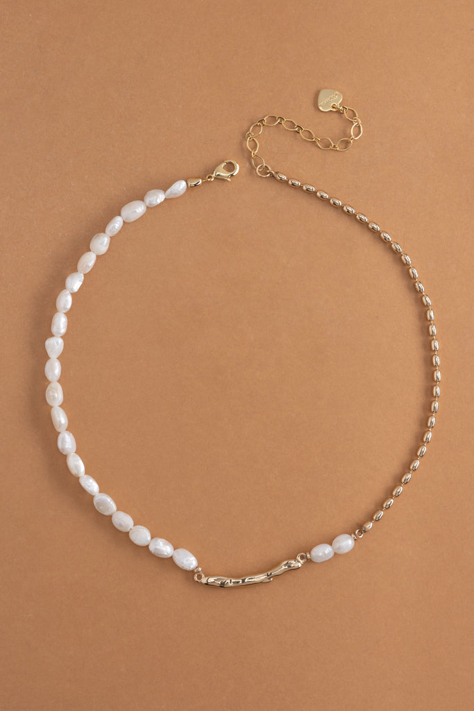 Asymmetrical White Pearl Gold Chain Necklace - Nakamol