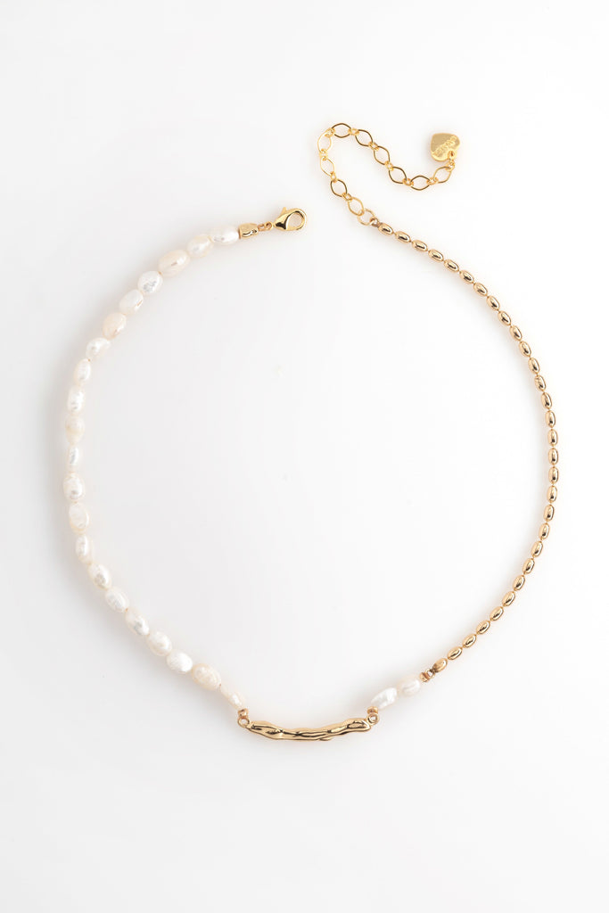 Asymmetrical White Pearl Gold Chain Necklace - Nakamol