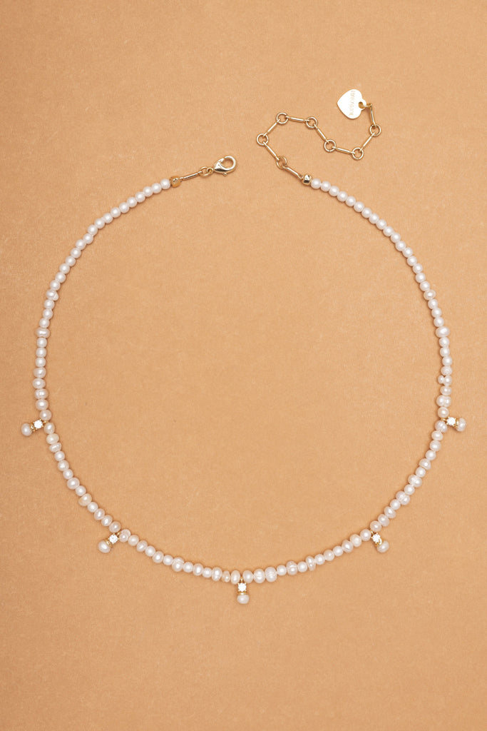 White Pearl Gold String Charm Necklace - Nakamol