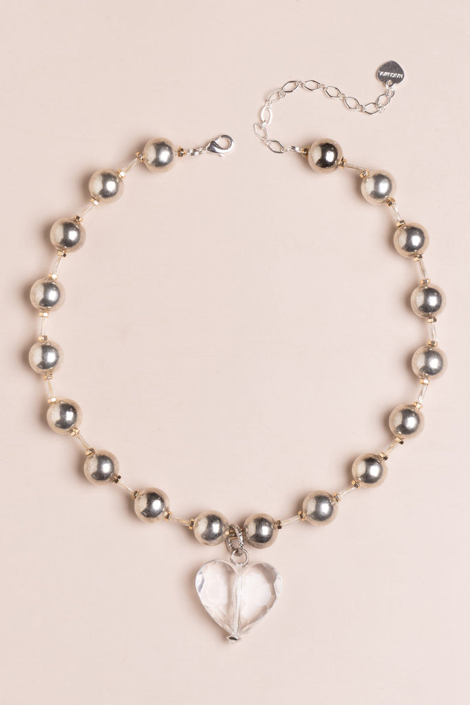 Silver Ball Chain Crystal Heart Pendant Necklace - Nakamol