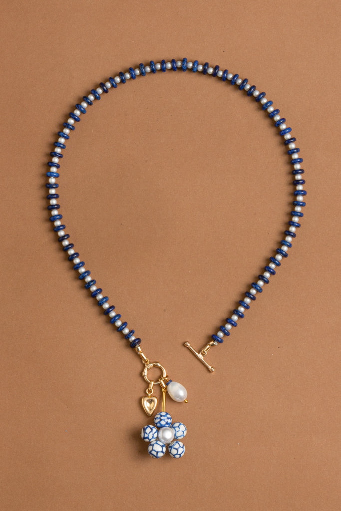 Blue White Floral Strand Blue Bead Necklace - Nakamol