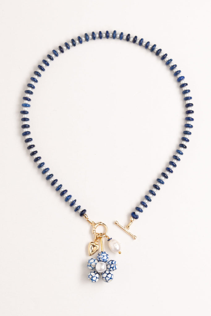 Blue White Floral Strand Blue Bead Necklace - Nakamol