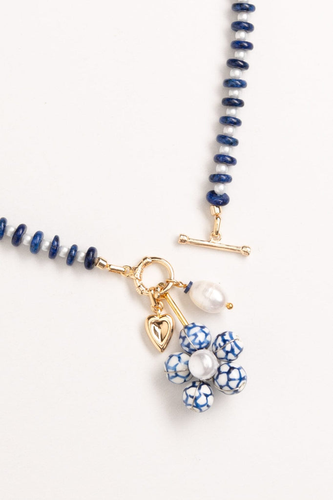 Blue White Floral Strand Blue Bead Necklace - Nakamol