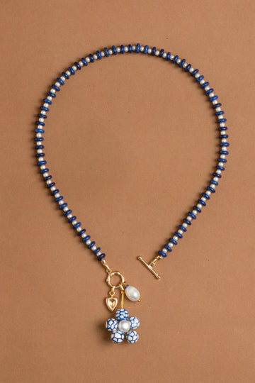 Blue White Floral Strand Blue Bead Necklace - Nakamol