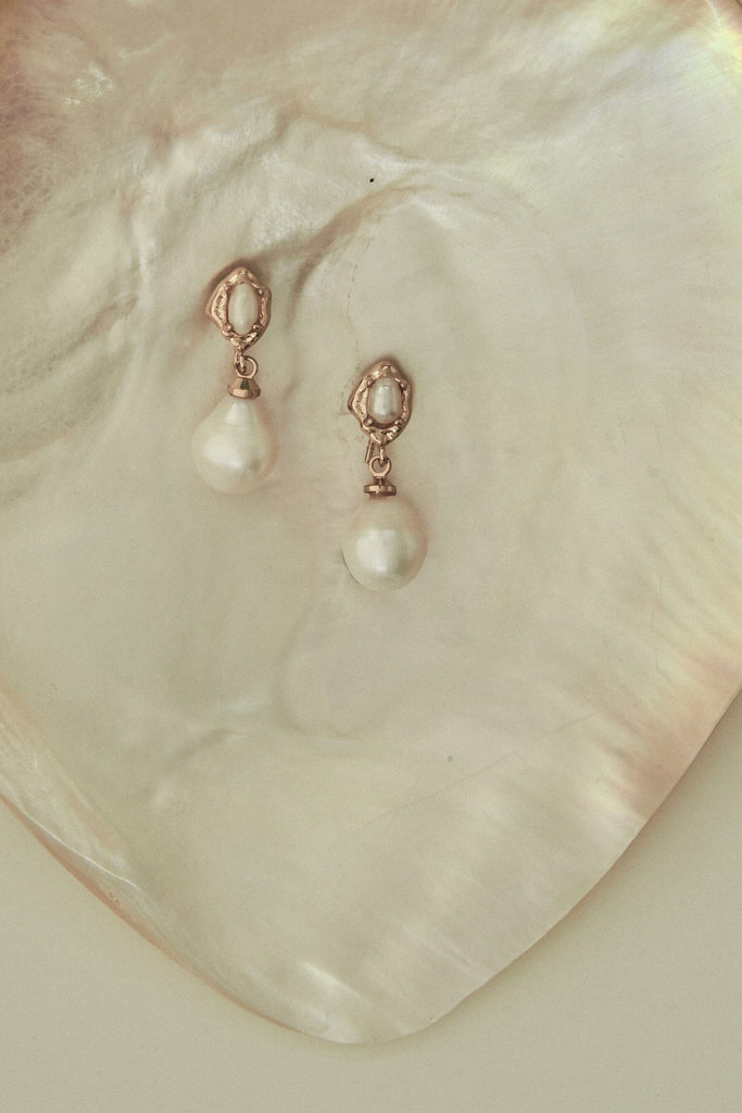 White Pearl Gold Drop Earrings - Nakamol
